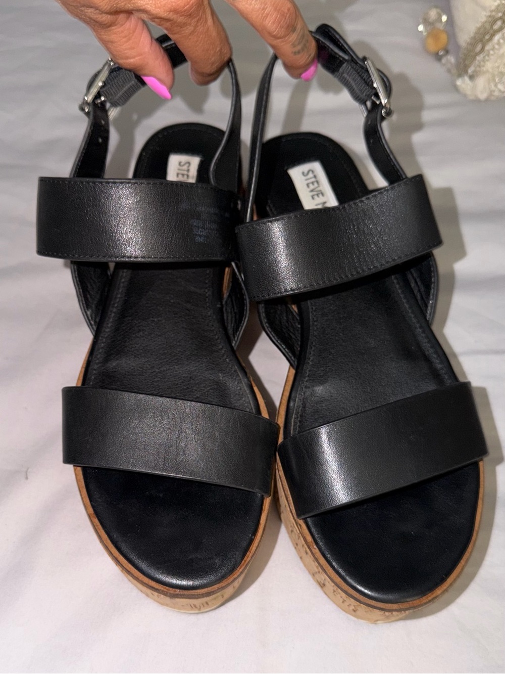 Steve Madden Black Leather Cork-Trim Platform Sandals